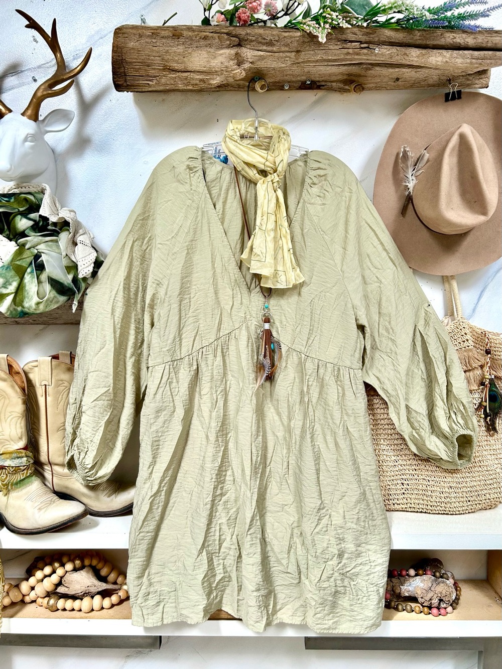 Cottagecore Sage Green ballon sleeves V-Neck Dress/tunic dress w prairie vibe